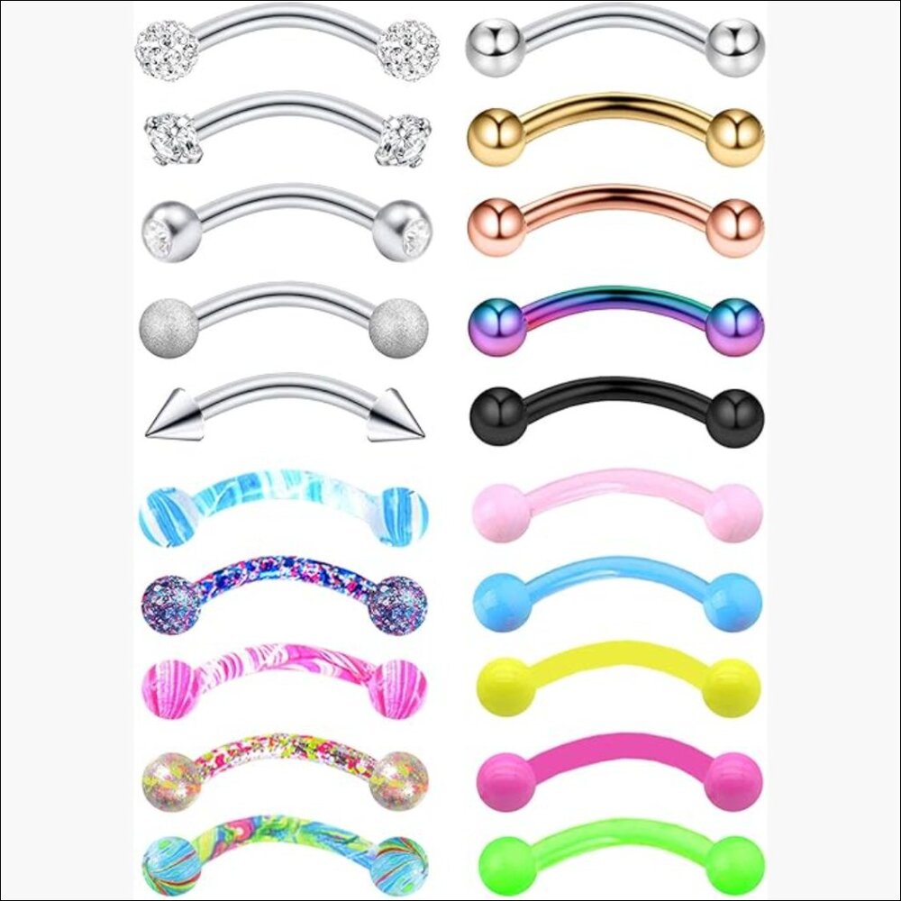 20Pcs 16G Stainless Steel Curved Barbell Kit for Eyebrow Tragus Lip Piercings